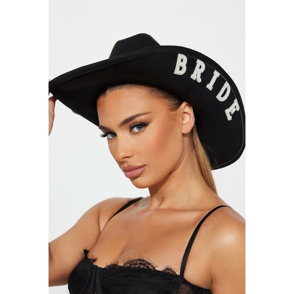 Accessories - Black Faux Suede White Bling Beaded Rhinestone Bride Statement Cowgirl Hat